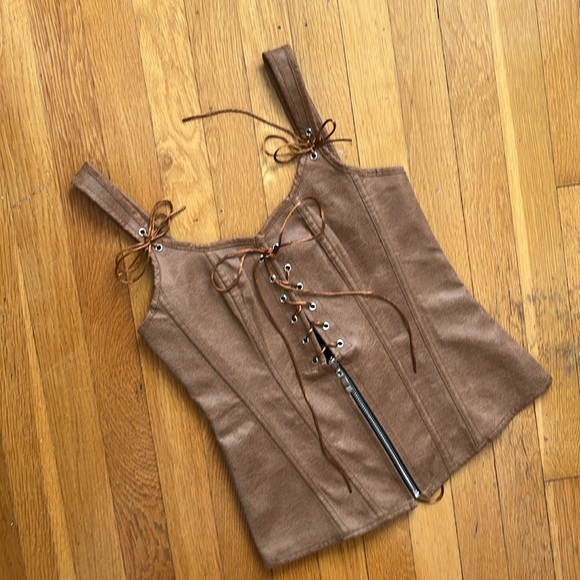 Leather-Look Bodice / Corset Top / Stays Brown Tan Fits Like XS / S Lace Up - Picture 7 of 14